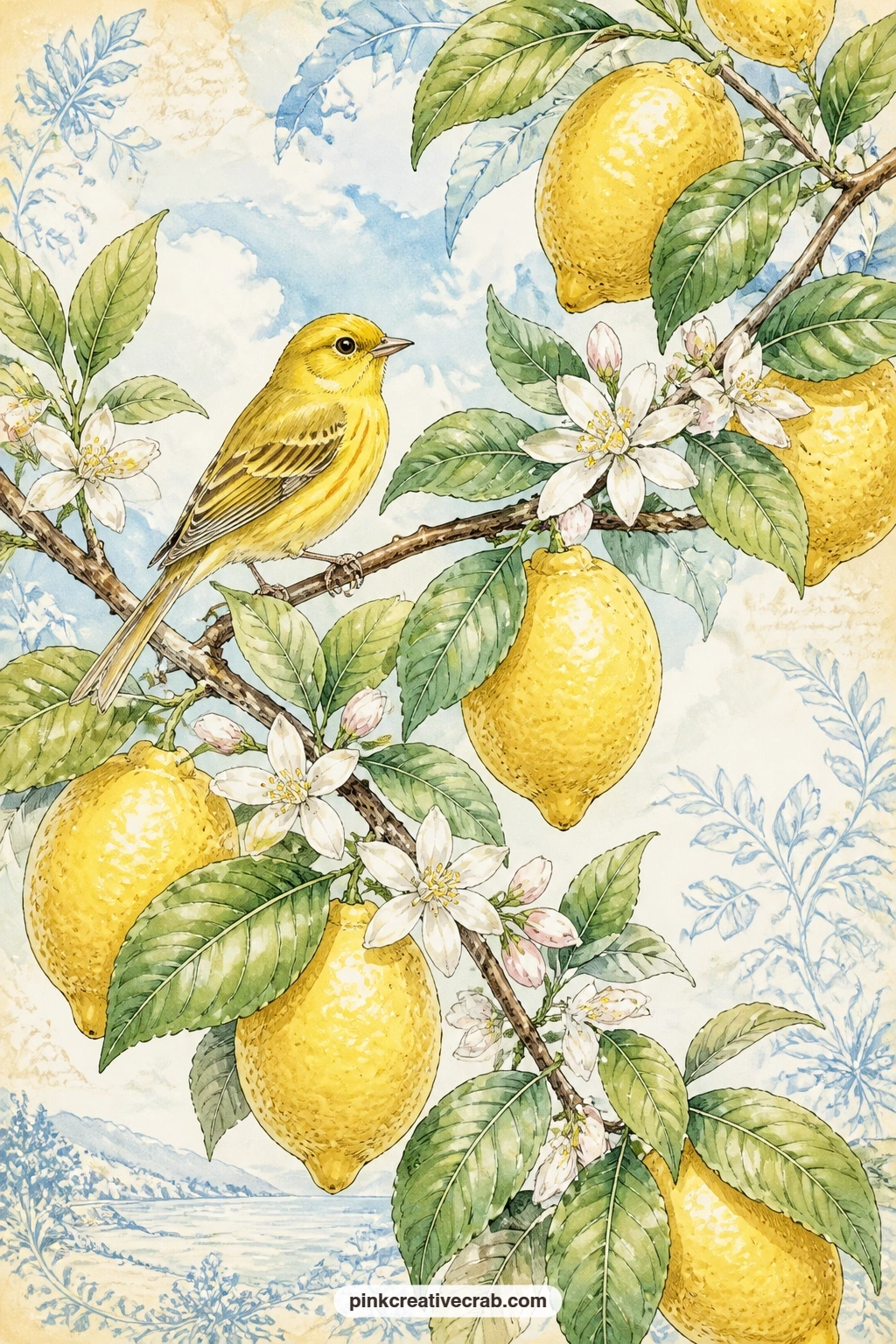 Yellow Bird On A Lemon Branch printable page — Place this page next to the bee and blossom scene further on in the set, so the two small creatures sit across