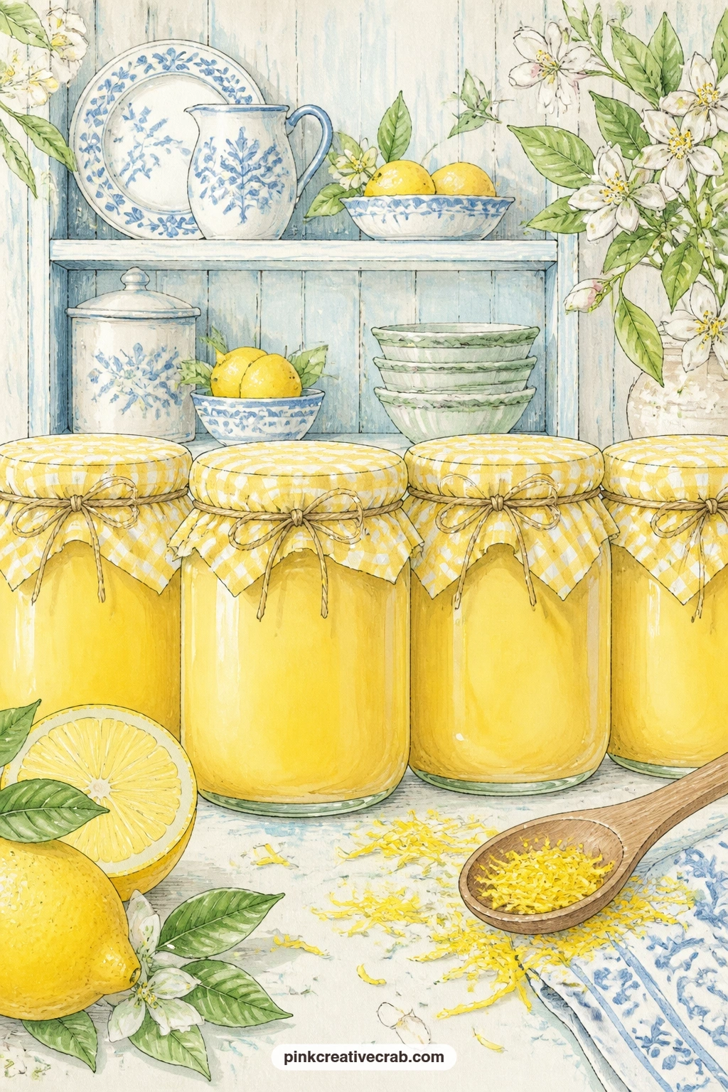 Jars Of Homemade Lemon Curd printable page — Several jars of lemon curd stand in a row with gingham lids tied on, a wooden spoon and a scatter of lemon zest