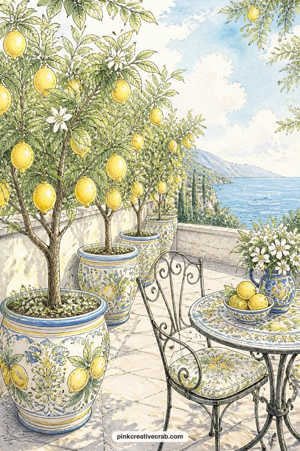 Italian Terrace With Lemon Trees printable page — The five minute version of this page skips the full terrace and just glues a single potted lemon tree cutout