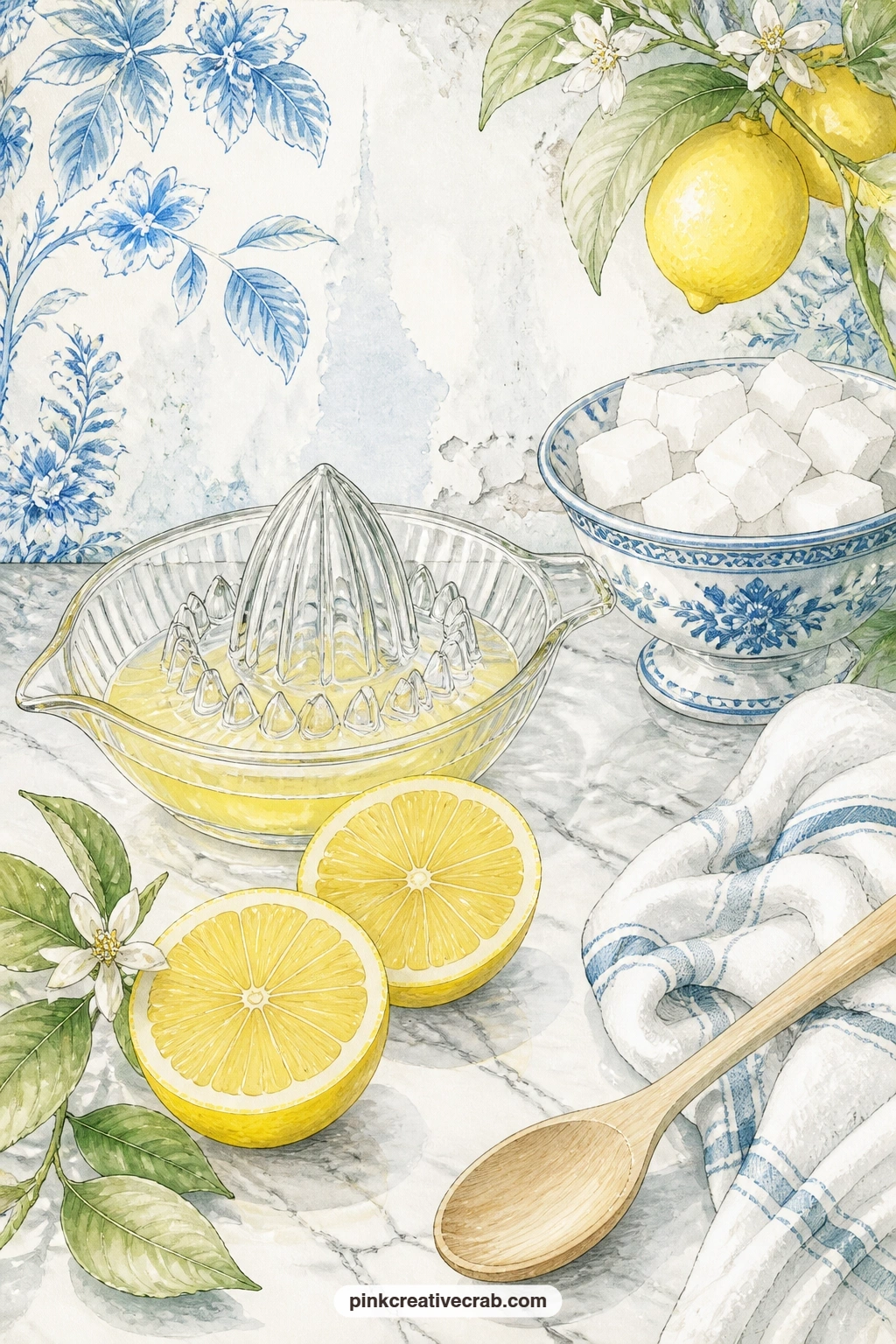 Juicer And Sugar On Marble printable page — Halved lemons sit beside a glass juicer and a small dish of sugar cubes on a marble counter, with a folded cloth