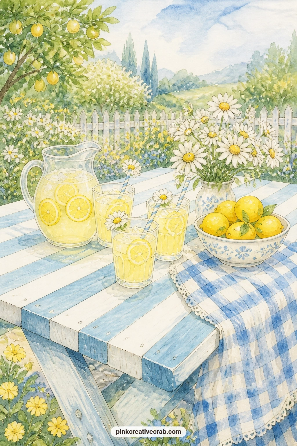 Striped Picnic Table With Lemonade printable page — Try tearing the top edge of this page by hand rather than cutting it, so the torn line echoes the softness