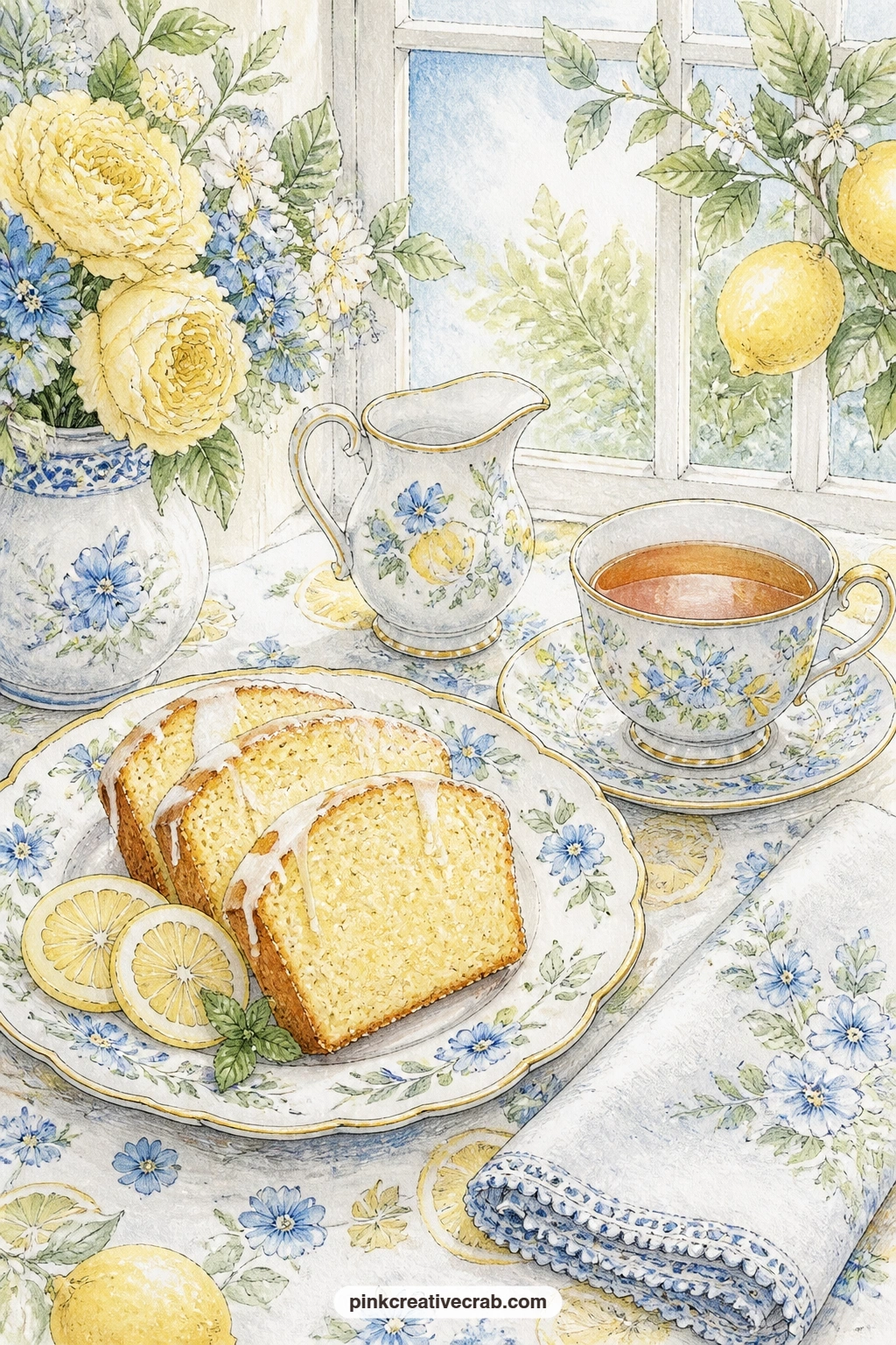 Lemon Pound Cake And Tea printable page — Slices of lemon pound cake rest on a floral plate beside a cup of tea, with a small jug of cream and a folded napkin