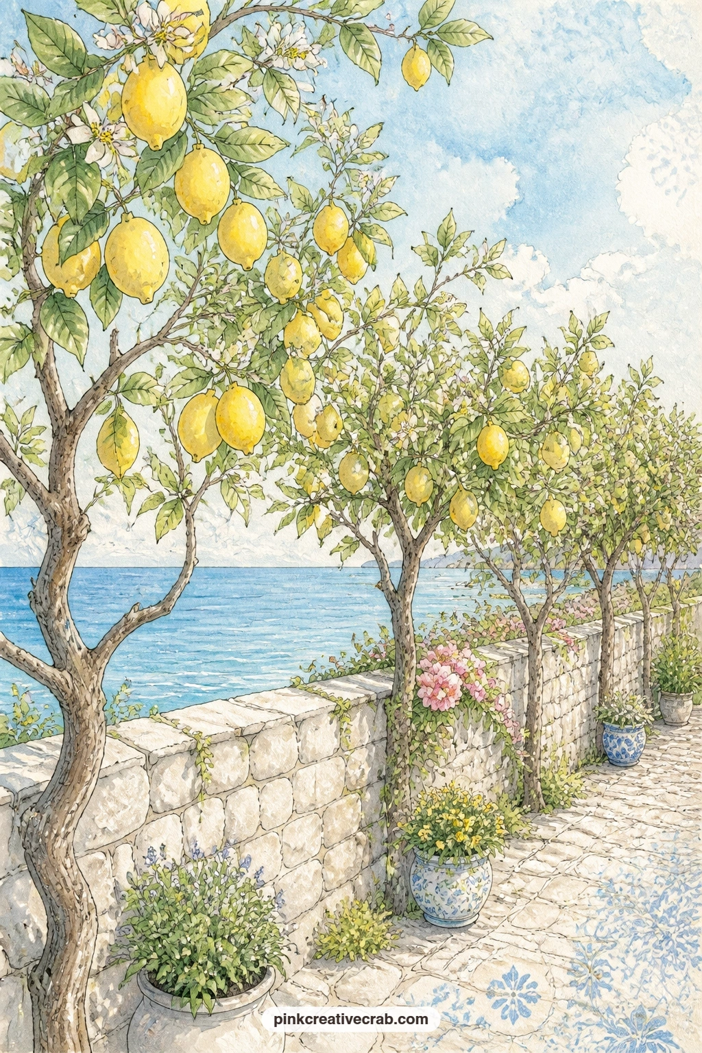 Lemon Trees By The Sea Wall printable page — A row of lemon trees lines a sunny stone wall above the sea, fruit and leaves catching the light, a strip of blue