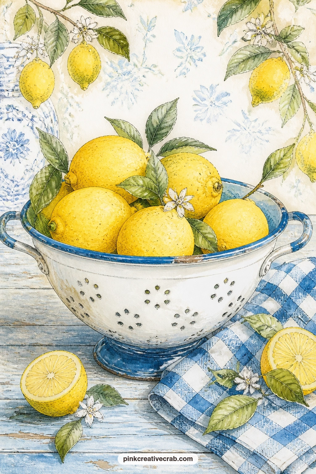 Enamel Colander Of Lemons printable page — This page pairs well with the blue and white tile background later in the set: slip a small square of that paper