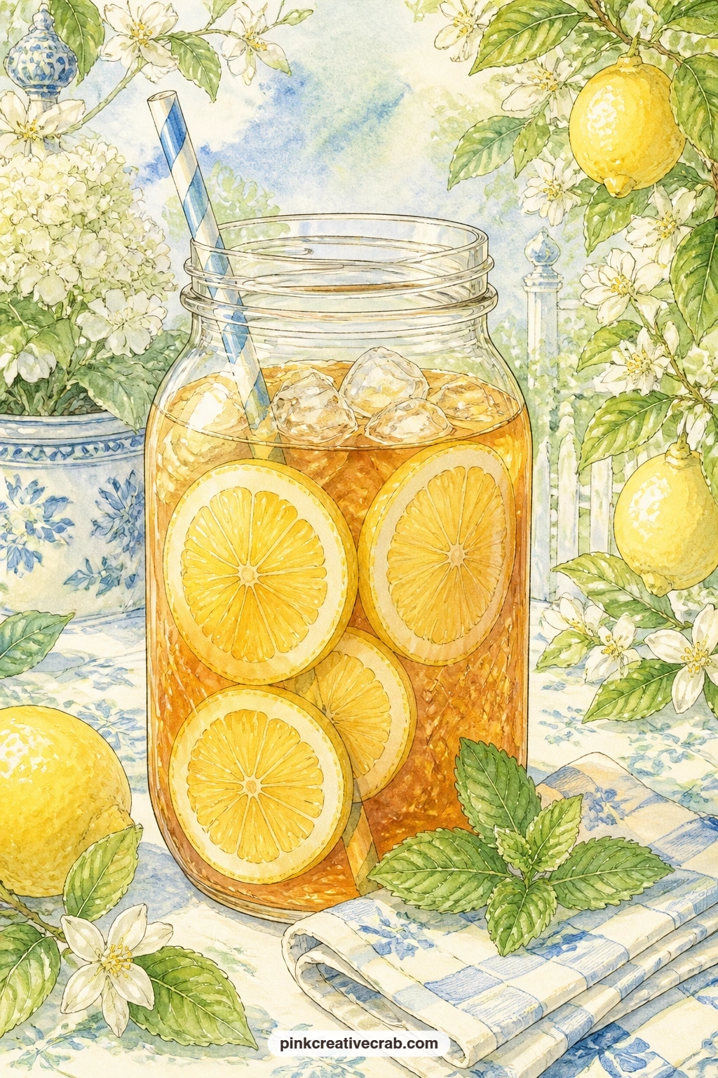 Iced Tea Jar With Lemon Slices printable page — Lemon slices float in a glass jar of iced tea with a striped paper straw resting against the rim, a few mint