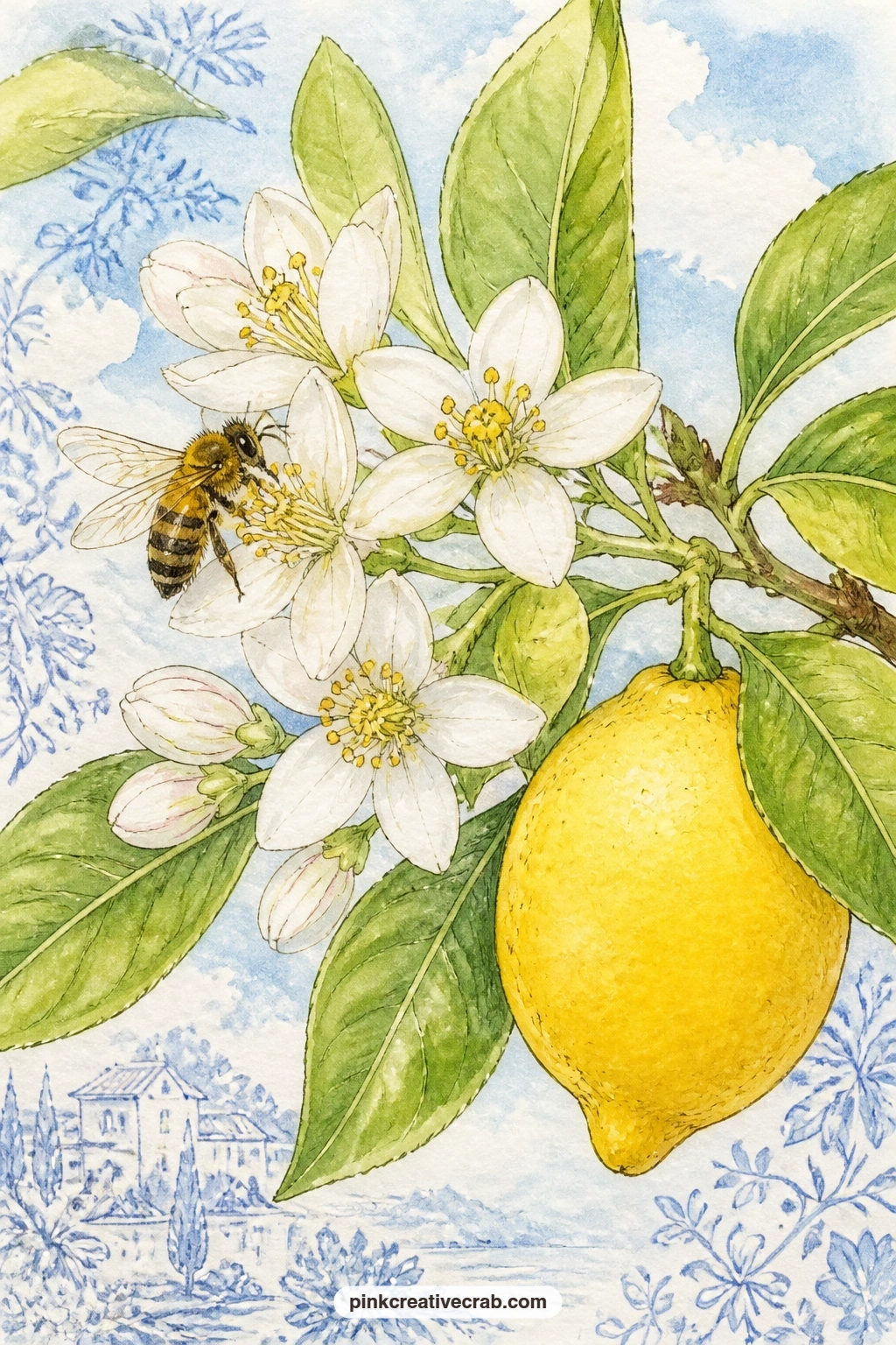 Bee Among Lemon Blossoms printable page — A bee visits a cluster of lemon blossoms among glossy leaves, with one ripe lemon hanging nearby and a soft patch of