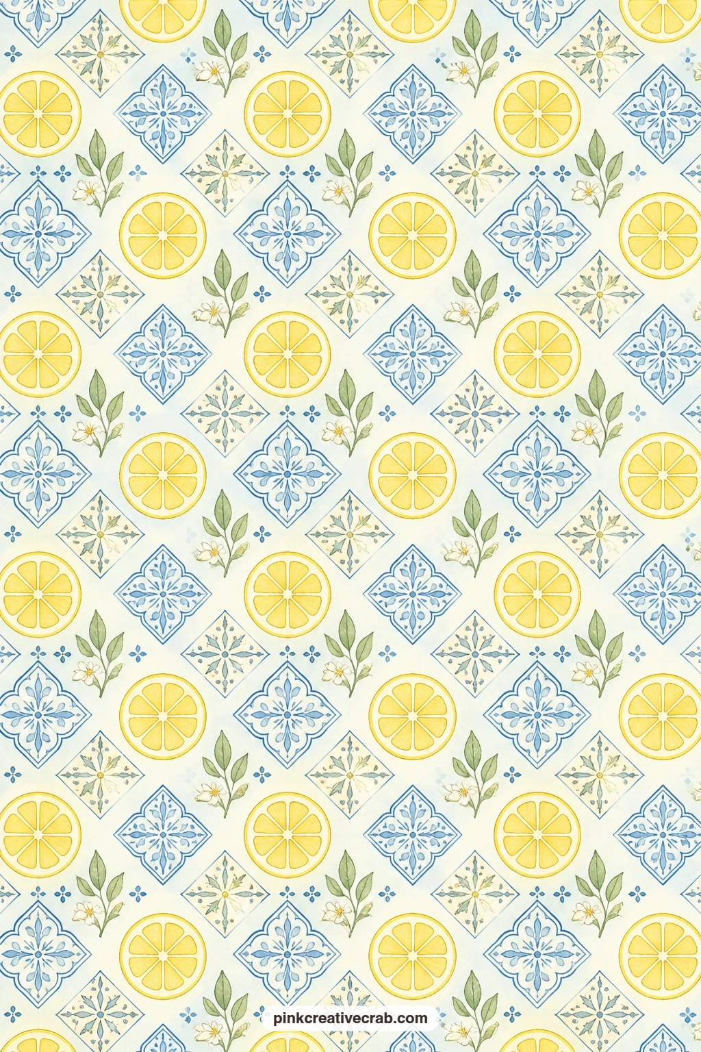 Blue Tile And Lemon Slices Pattern printable page — Use this tile pattern as a strong backing for a kitchen photo, line the inside of a recipe pocket with it