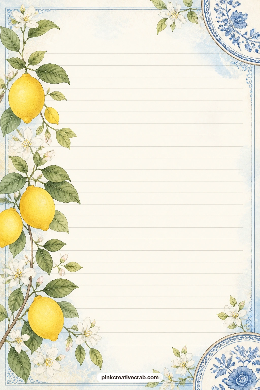 Lemon Branch Border Lined Page printable page — A lemon branch trails along one side of this page, leaving the ruled lines open for a packing list before a