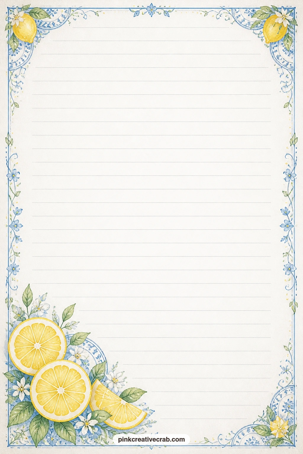 Lemon Slice Corner Lined Page printable page — Lemon slices cluster in one corner of this page, the rest left open for a gift list, a tea party menu, or a few