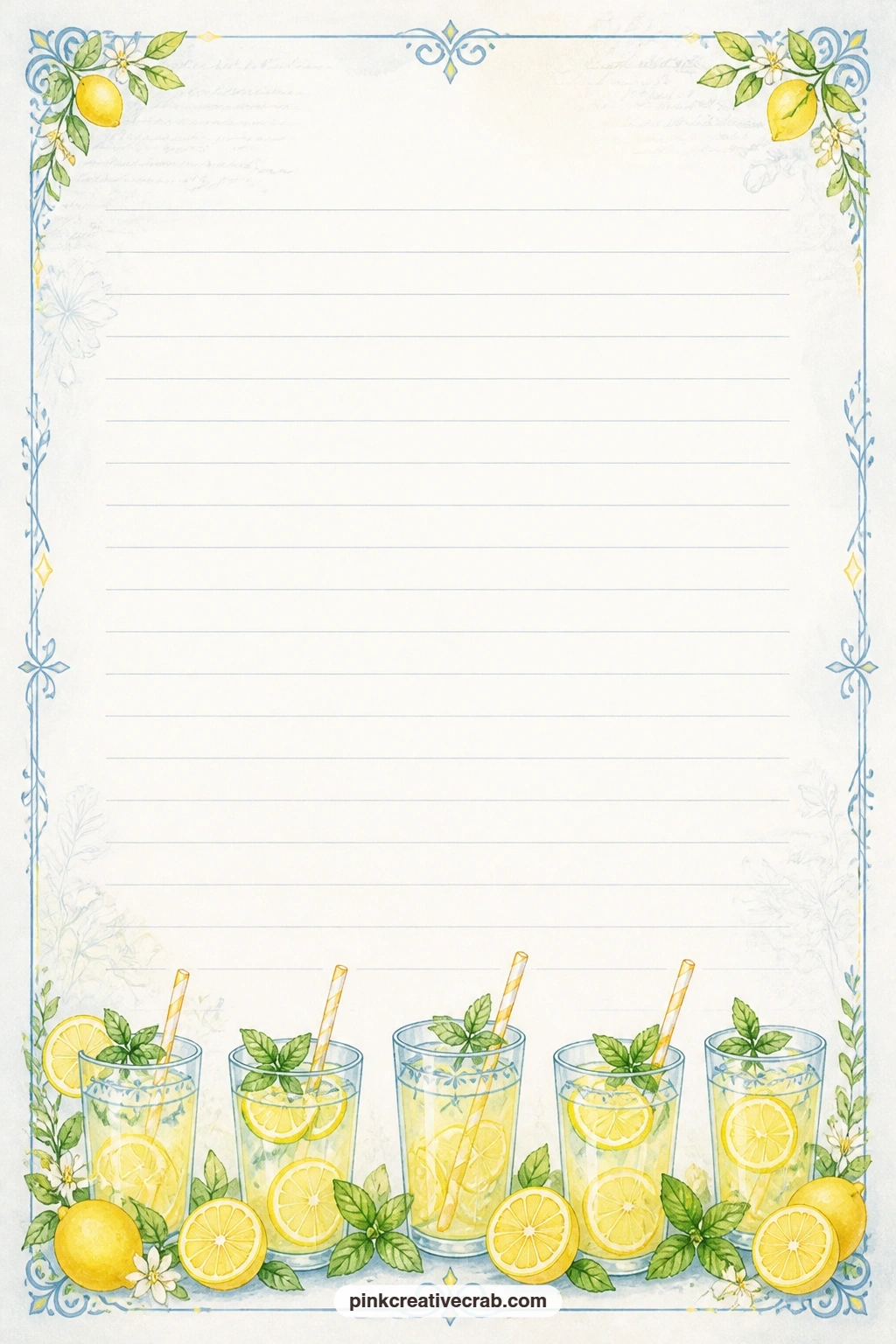 Lemonade Glass Border Lined Page printable page — A lemonade glass with a sprig of mint runs along the bottom border here, ready for a picnic menu, a guest
