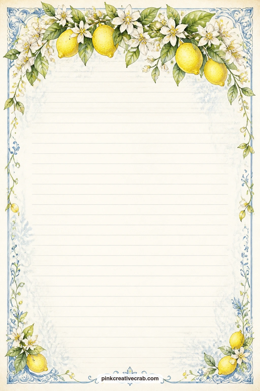 Lemon Blossom Garland Lined Page printable page — A garland of lemon blossoms frames the top of this page, leaving room below for a love letter, a wish list