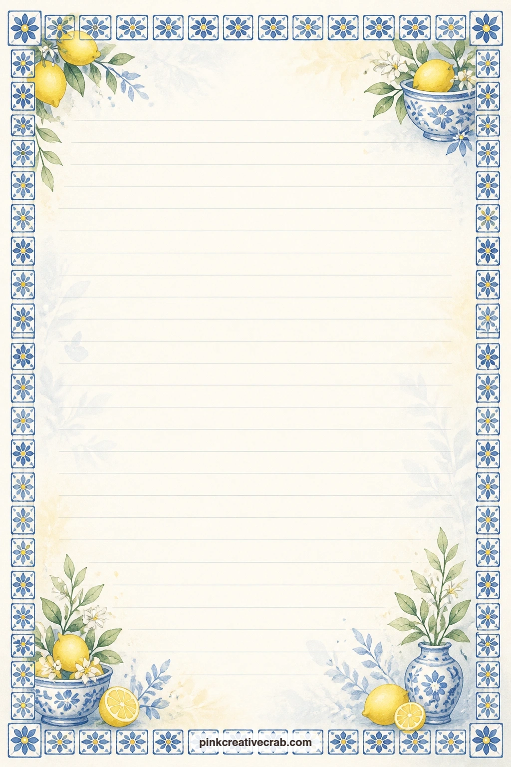 Blue Tile Frame Lined Page printable page — Small blue and white tiles frame the whole page like a border, perfect for a recipe copied out by hand, a menu for