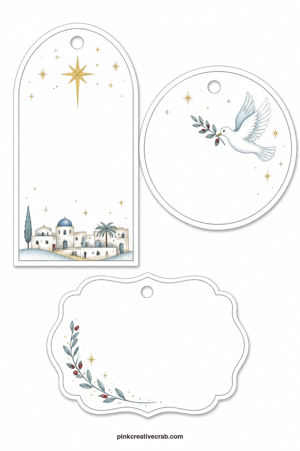 Bethlehem Star Tags printable page — The first sheet in the set gathers the star over Bethlehem on an arched tag, a white dove on a round tag and an olive