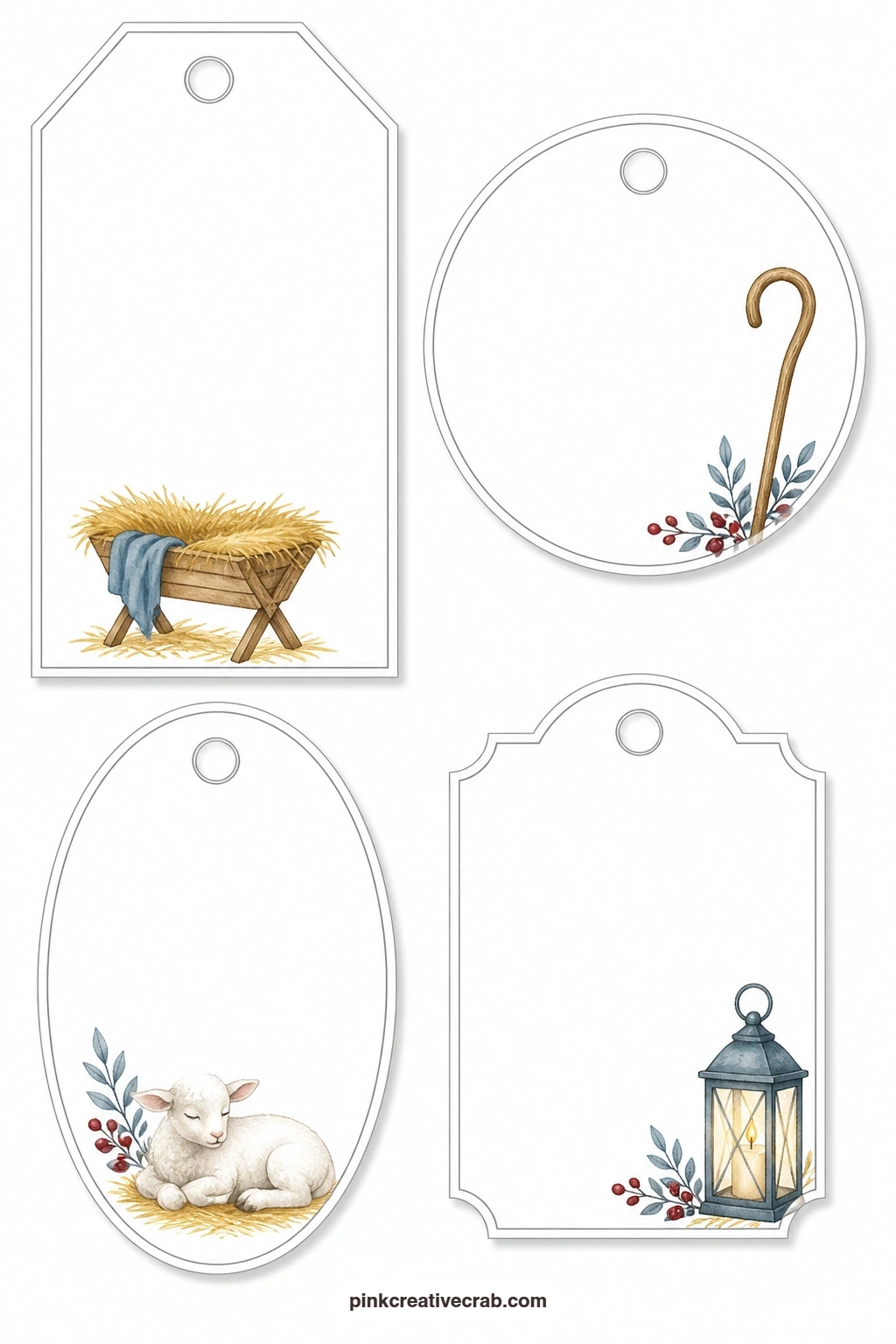 Manger And Shepherd Tags printable page — Round out this section with a luggage tag showing a manger filled with straw, a round tag with a shepherd's crook