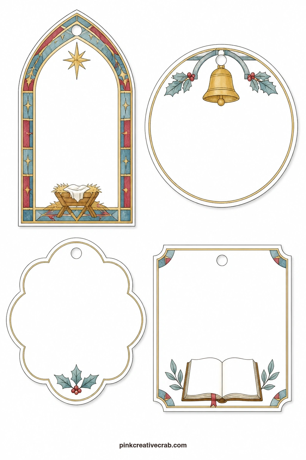 Stained Glass And Hymn Tags printable page — This sheet leans into the feel of a small country church: an arched window tag in stained glass colors, a round