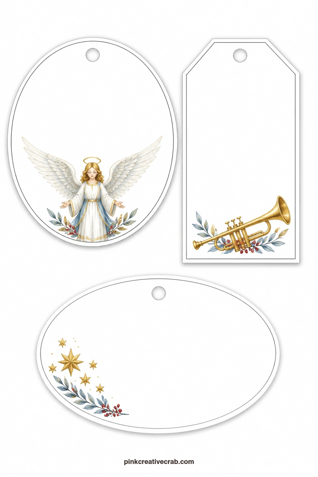 Angel And Trumpet Tags printable page — Set the round tag with an angel's spread wings aside for a gift to a grandchild, let the luggage tag with a golden