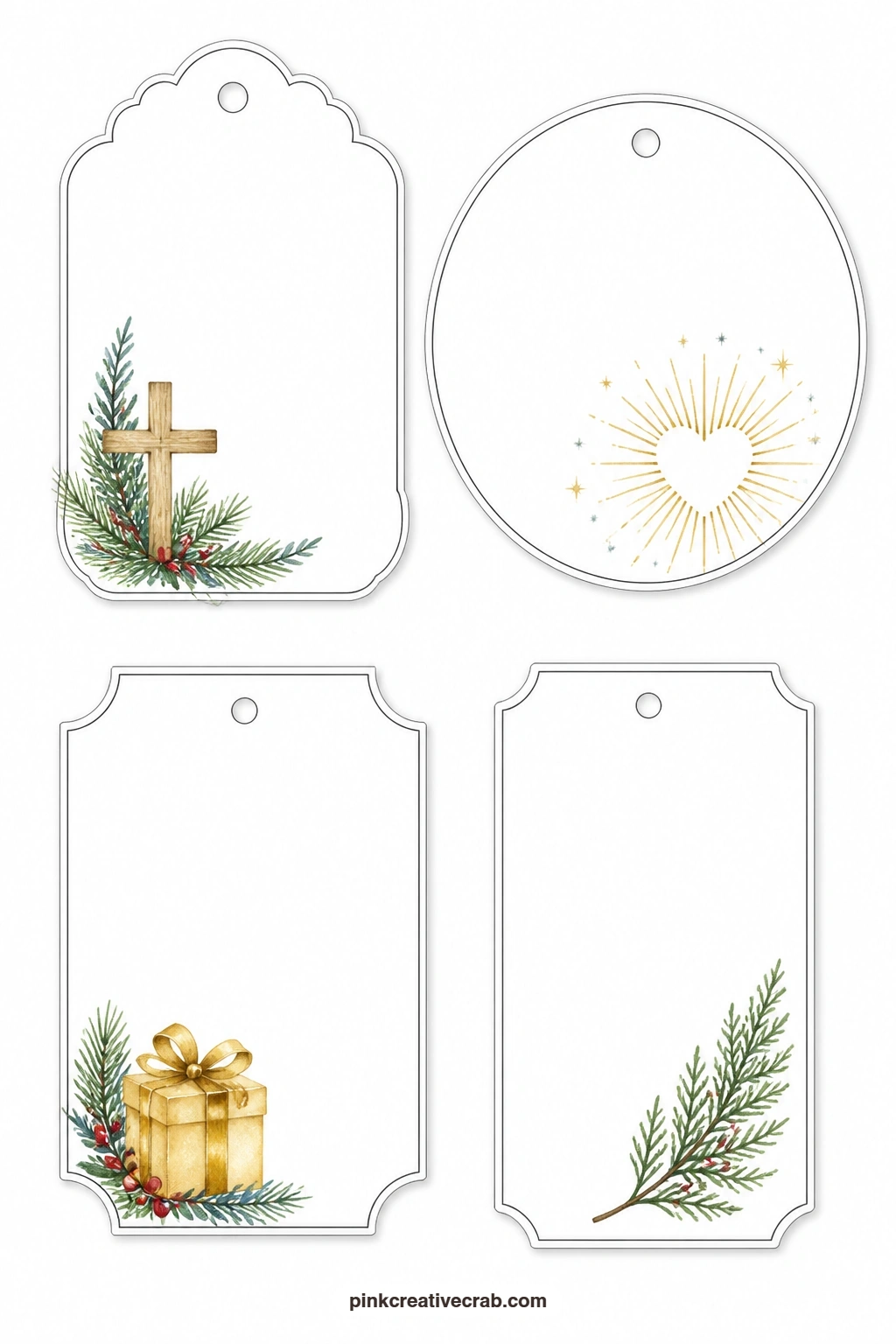 Cross And Wise Men Tags printable page — Four tags make up this sheet: a scalloped tag with a small wooden cross set among evergreen, a round tag with a heart