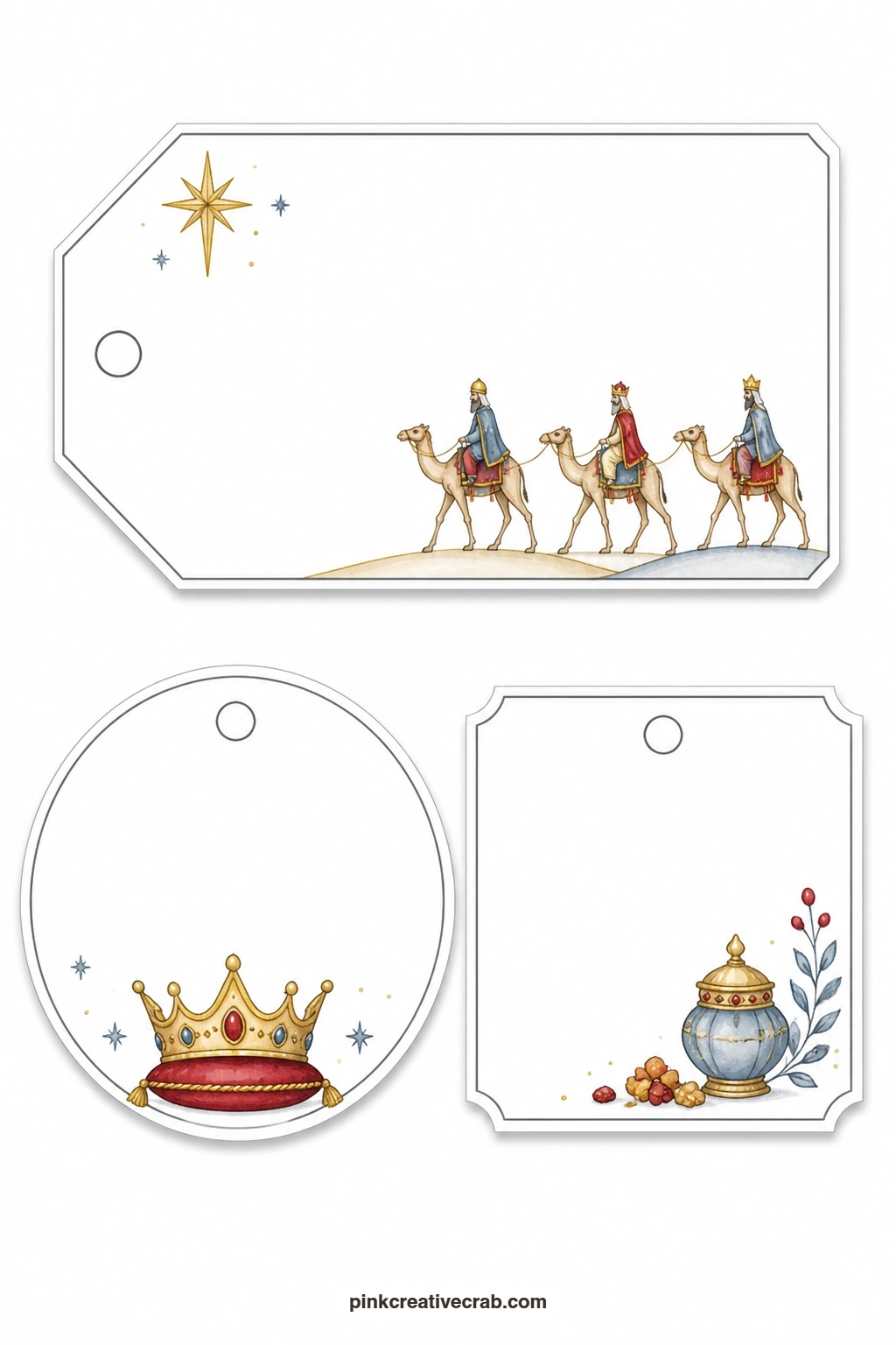 Three Kings Journey Tags printable page — Write the name of a far away relative on the luggage tag with three camels crossing a dune, give the round tag with a