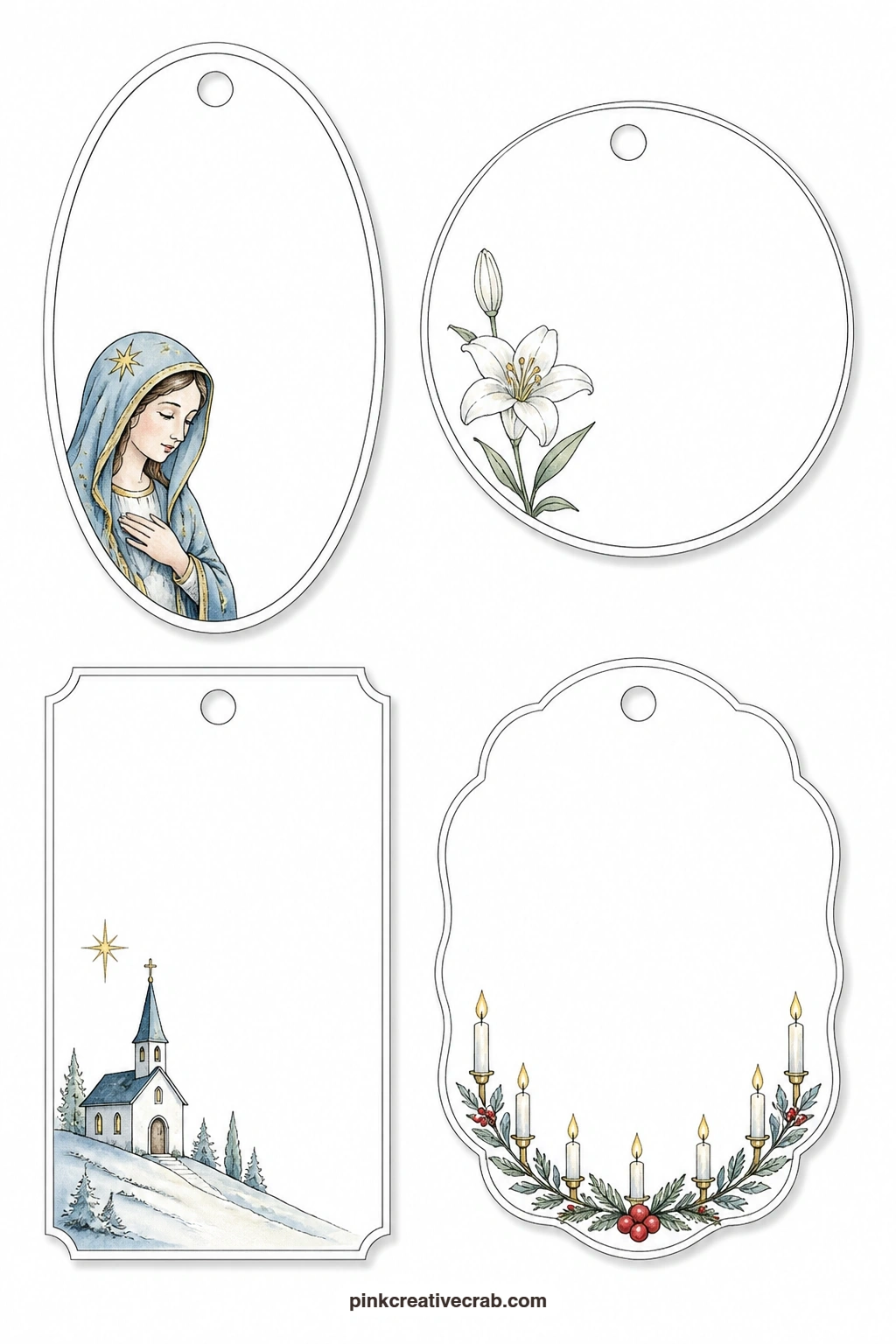 Mary And Chapel Tags printable page — This sheet carries a quieter, more personal set of symbols: an oval tag with Mary's blue veil, a round tag with a single