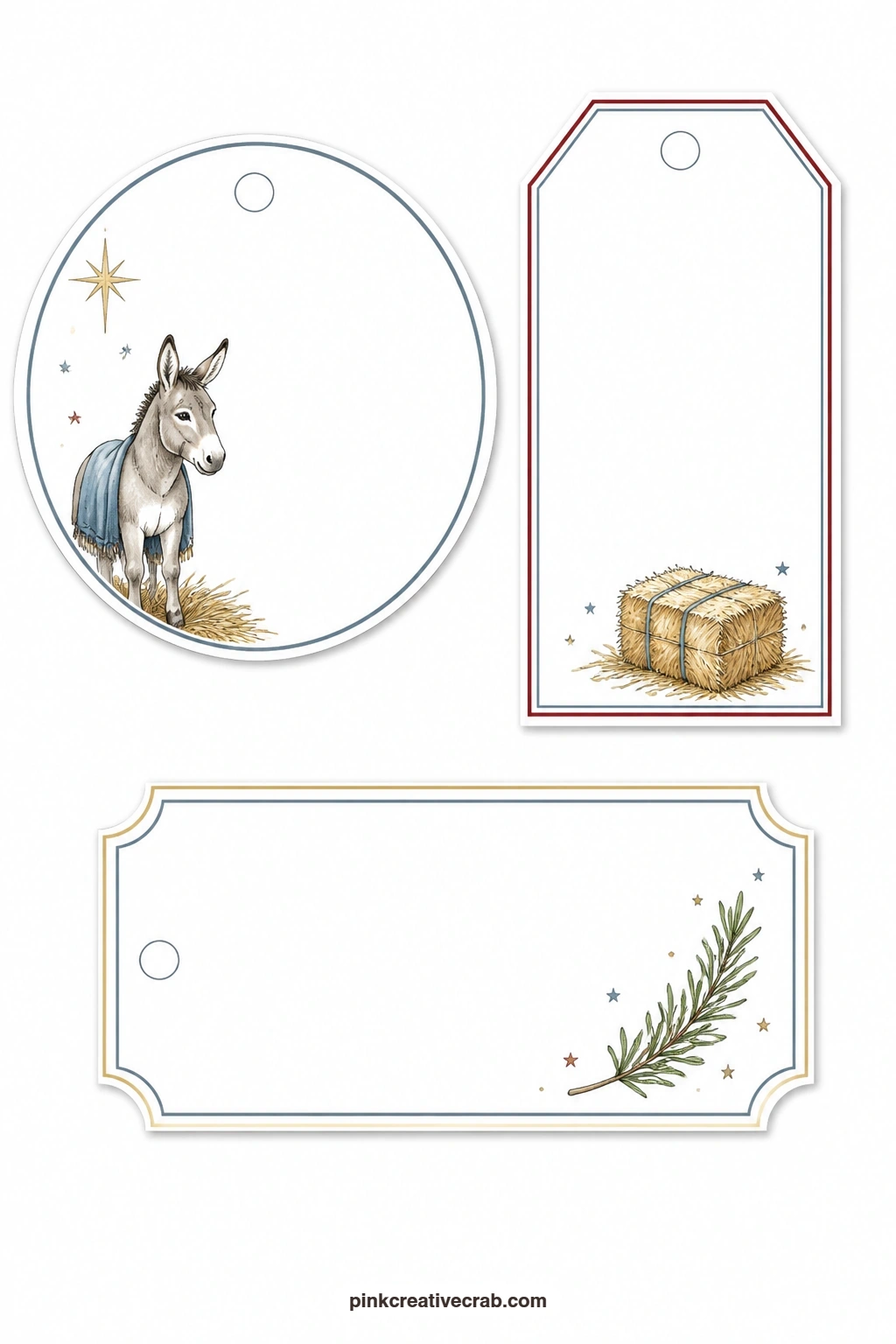Donkey And Hay Bale Tags printable page — Round tag, luggage tag and ticket label share this sheet: a gentle donkey, a small hay bale and a sprig of rosemary