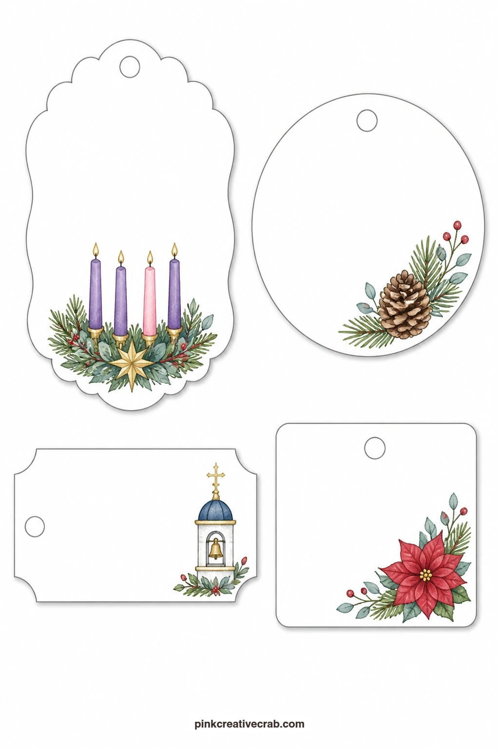 Advent Wreath Tags printable page — Four tags fill this sheet with the feel of early December: a scalloped tag with an Advent wreath of four candles, a round