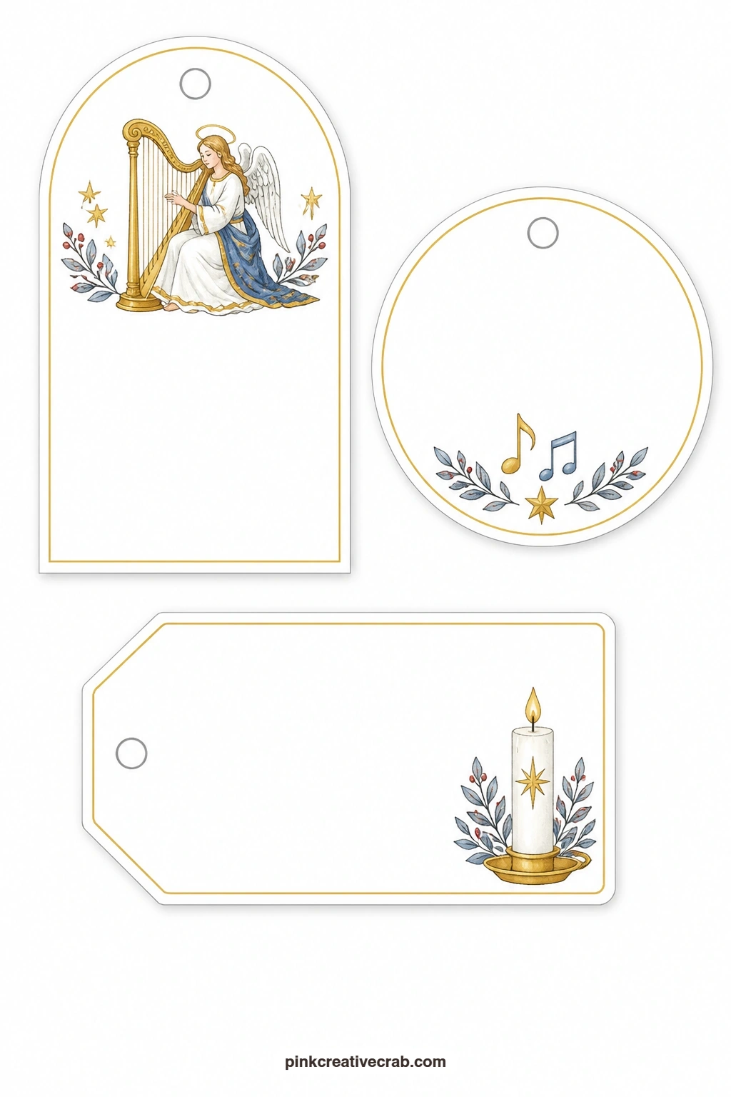 Harp And Choir Tags printable page — Music carries through this sheet: an arched tag with an angel playing a harp, a round tag with two small music notes, and