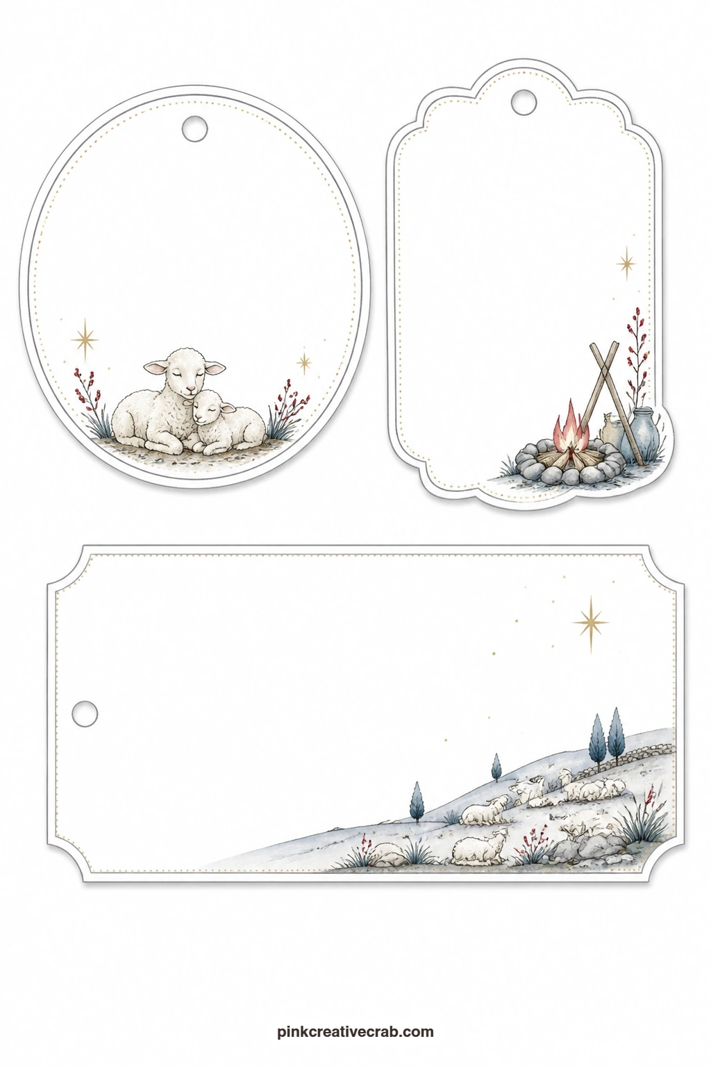 Shepherds Field Tags printable page — Write a quiet blessing on the round tag showing two resting sheep, let the rectangular label with a hillside under stars
