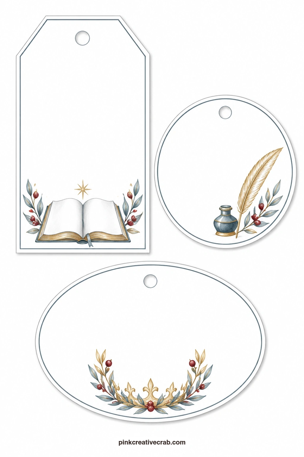Open Bible Tags printable page — This sheet suits anyone who loves to write: a luggage tag with an open Bible left blank on both pages, a round tag with a