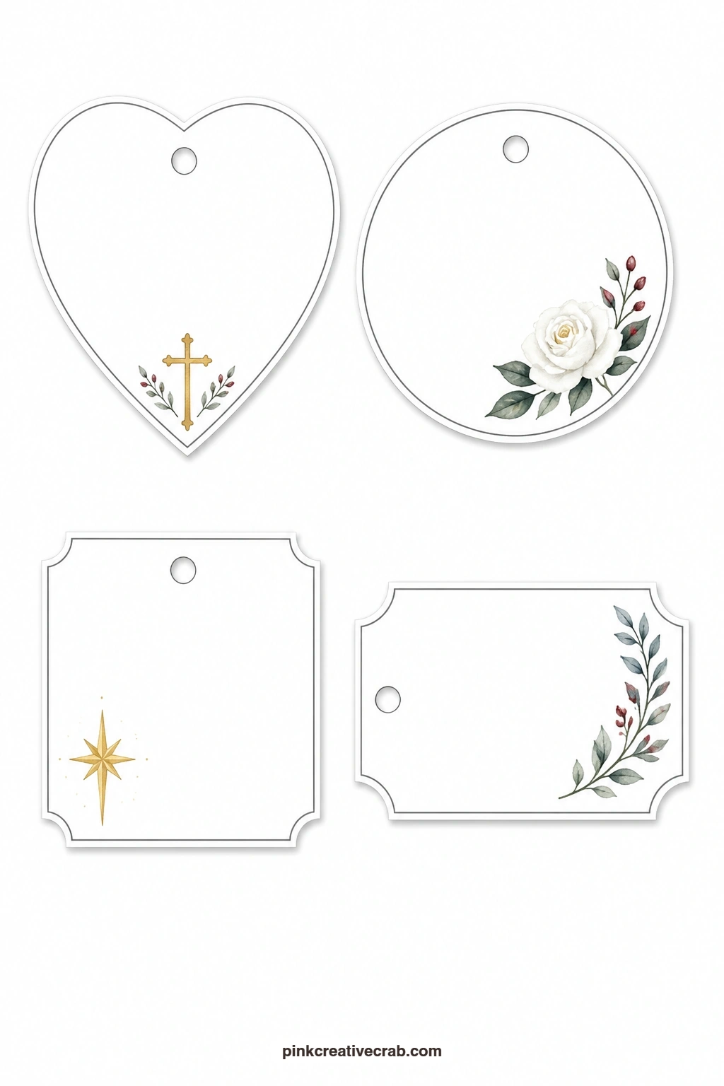 Tiny Cross And Rose Tags printable page — Four small tags share this sheet for the littlest gifts: a heart-shaped tag with a tiny cross, a round tag with a