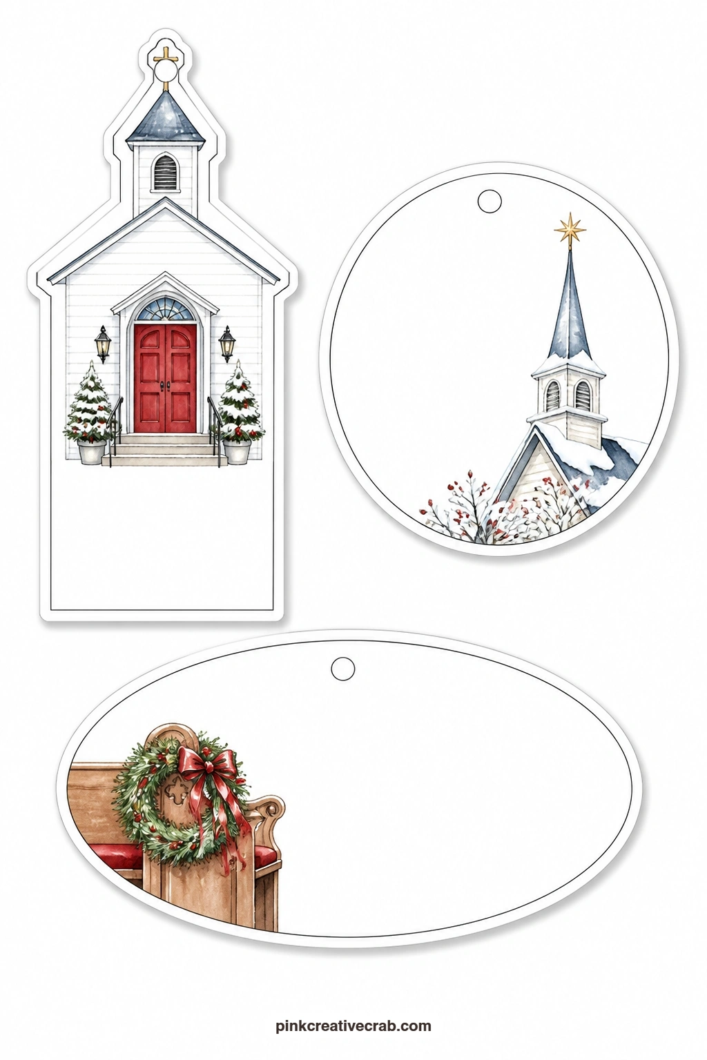 Red Door Church Tags printable page — Three tags bring a small country church to mind here: a church-shaped tag with a bright red door, a round tag dusted with