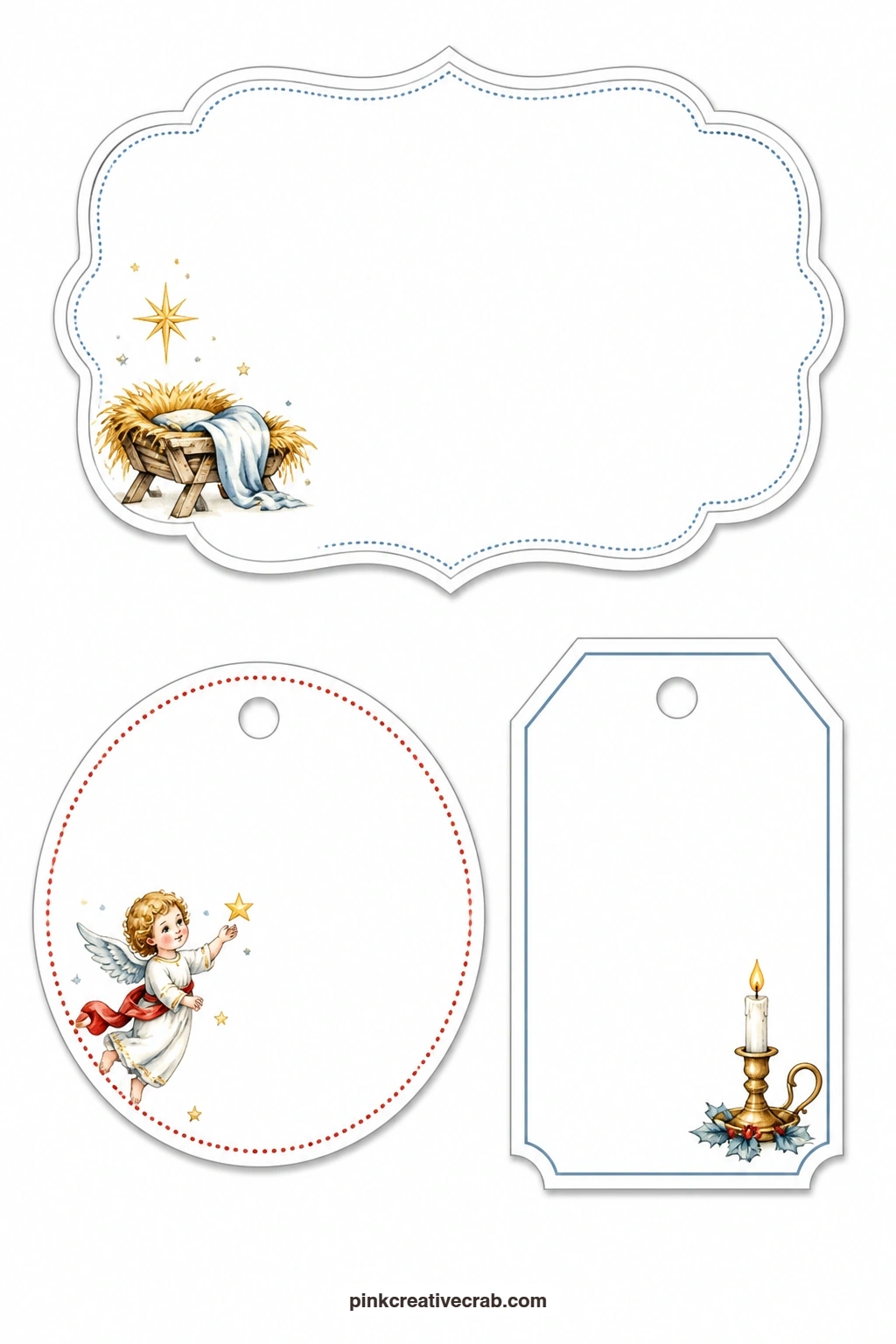 Cradle And Cherub Tags printable page — Set the scalloped label with a cradle of straw aside for a baby's first Christmas gift, let the round cherub tag soften