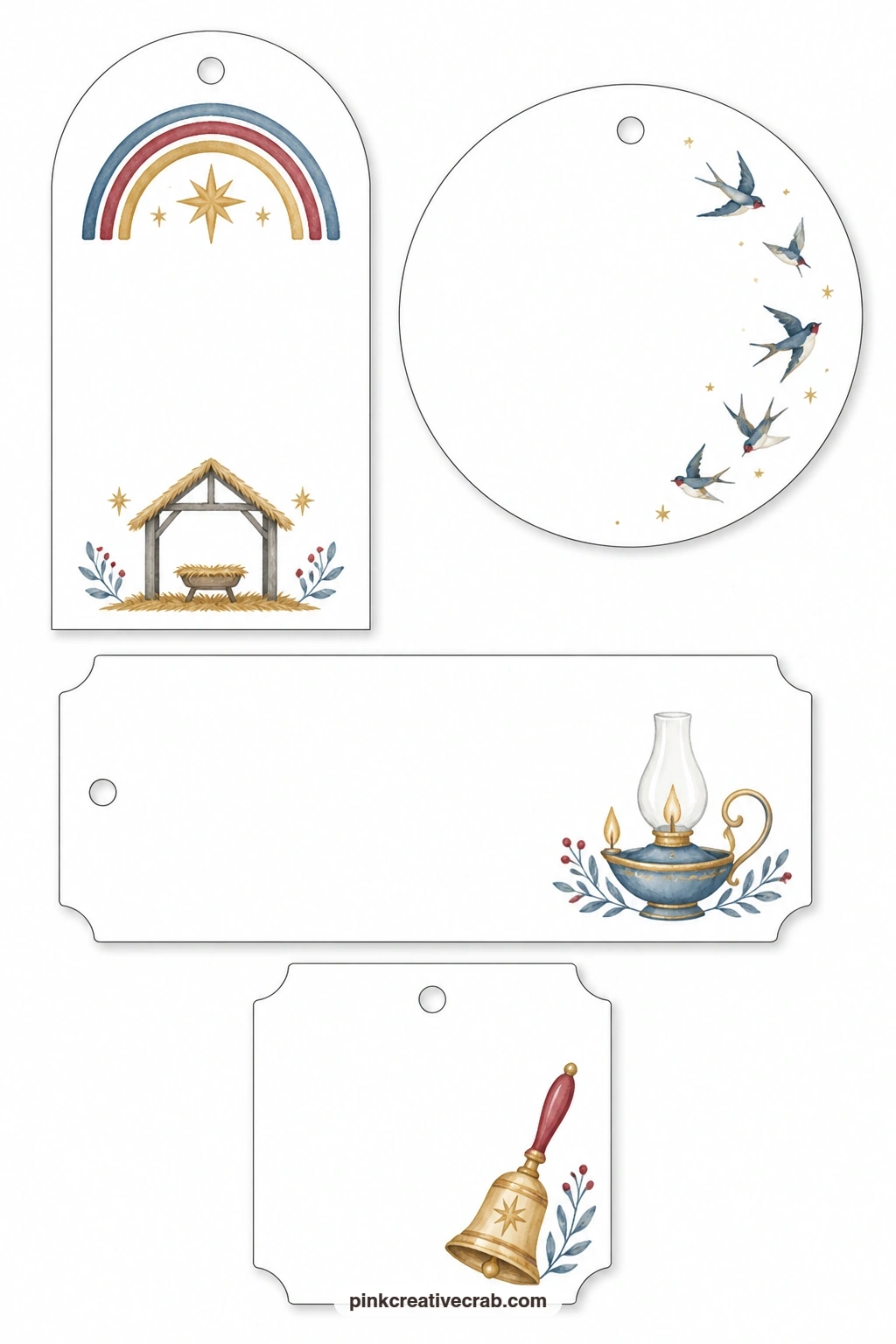Rainbow And Lamp Tags printable page — This sheet gathers four gentle images: an arched tag with a soft rainbow over a stable, a round tag with a flight of