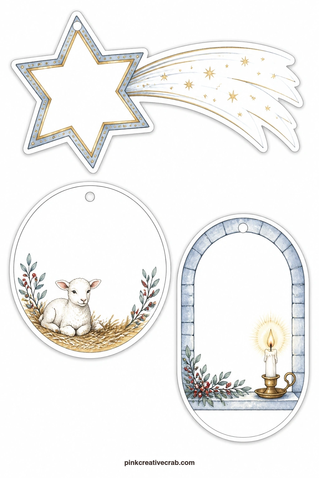 Comet And Window Tags printable page — The final sheet closes the set gently: a star-shaped tag trailing a soft comet tail, a round tag with a lamb resting on