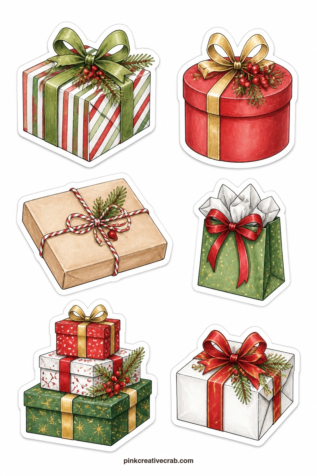Wrapped Gifts Stickers printable page — Print this sheet on sticker paper for a glossy gift-wrap feel, or on plain paper if you plan to glue the pieces flat