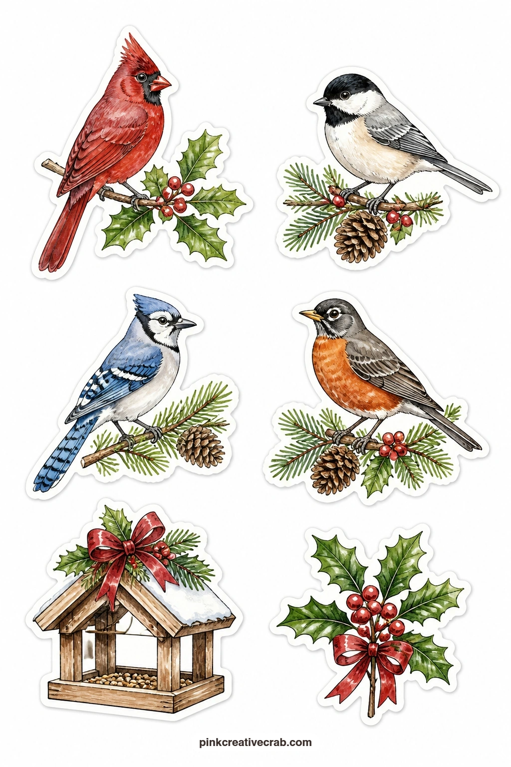 Winter Birds Stickers printable page — A cardinal on a holly twig, a chickadee, a blue jay, a robin on a pine sprig and a wooden bird feeder bring quiet winter