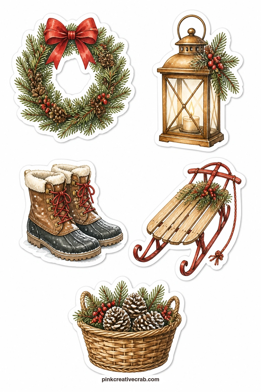 The Front Door Stickers printable page — Save the thin white edge around the pine wreath and the basket of pinecones when you cut, since those curved shapes