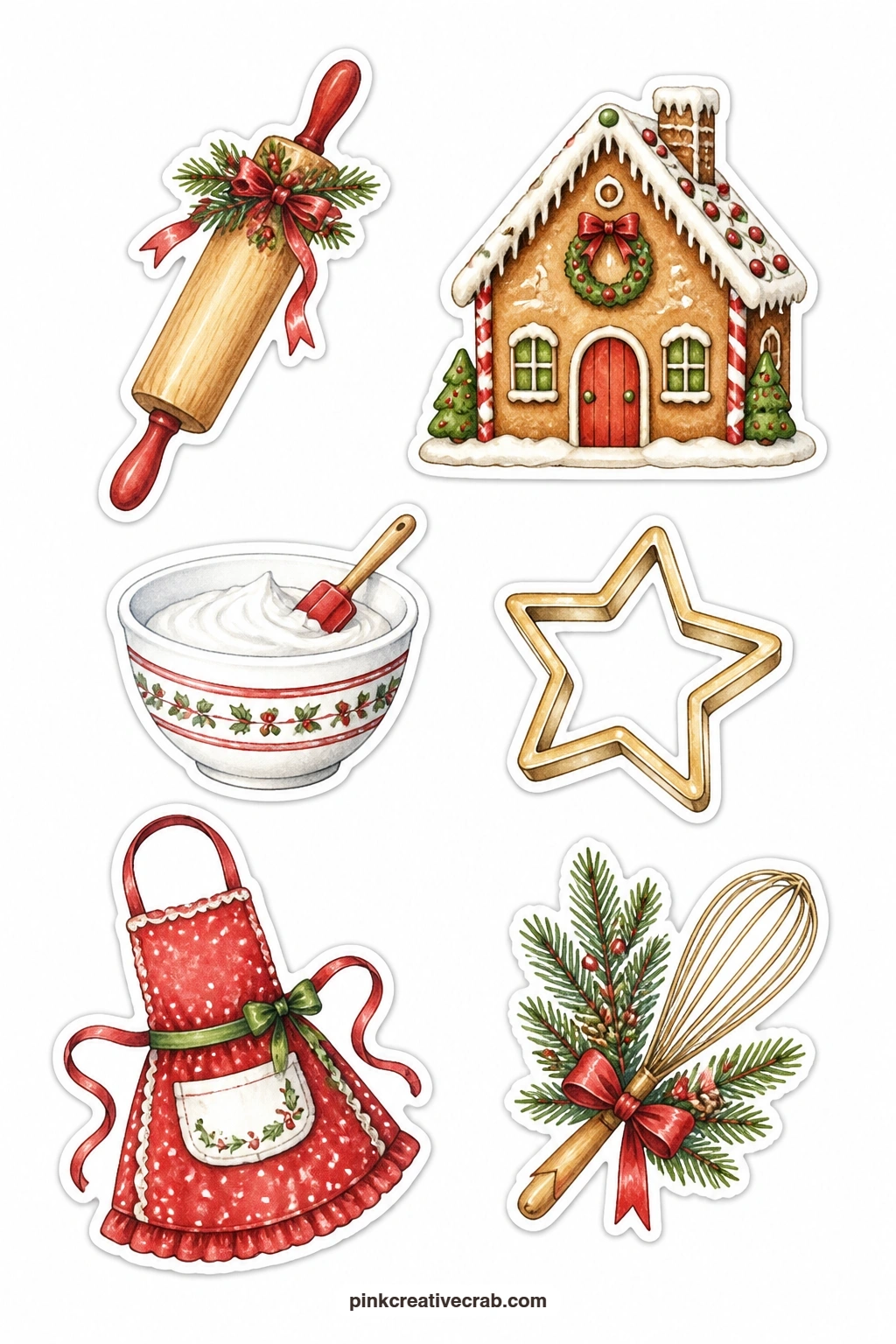 Christmas Baking Stickers printable page — A rolling pin, a gingerbread house, a bowl of icing, a star cookie cutter and a red apron turn this sheet into a