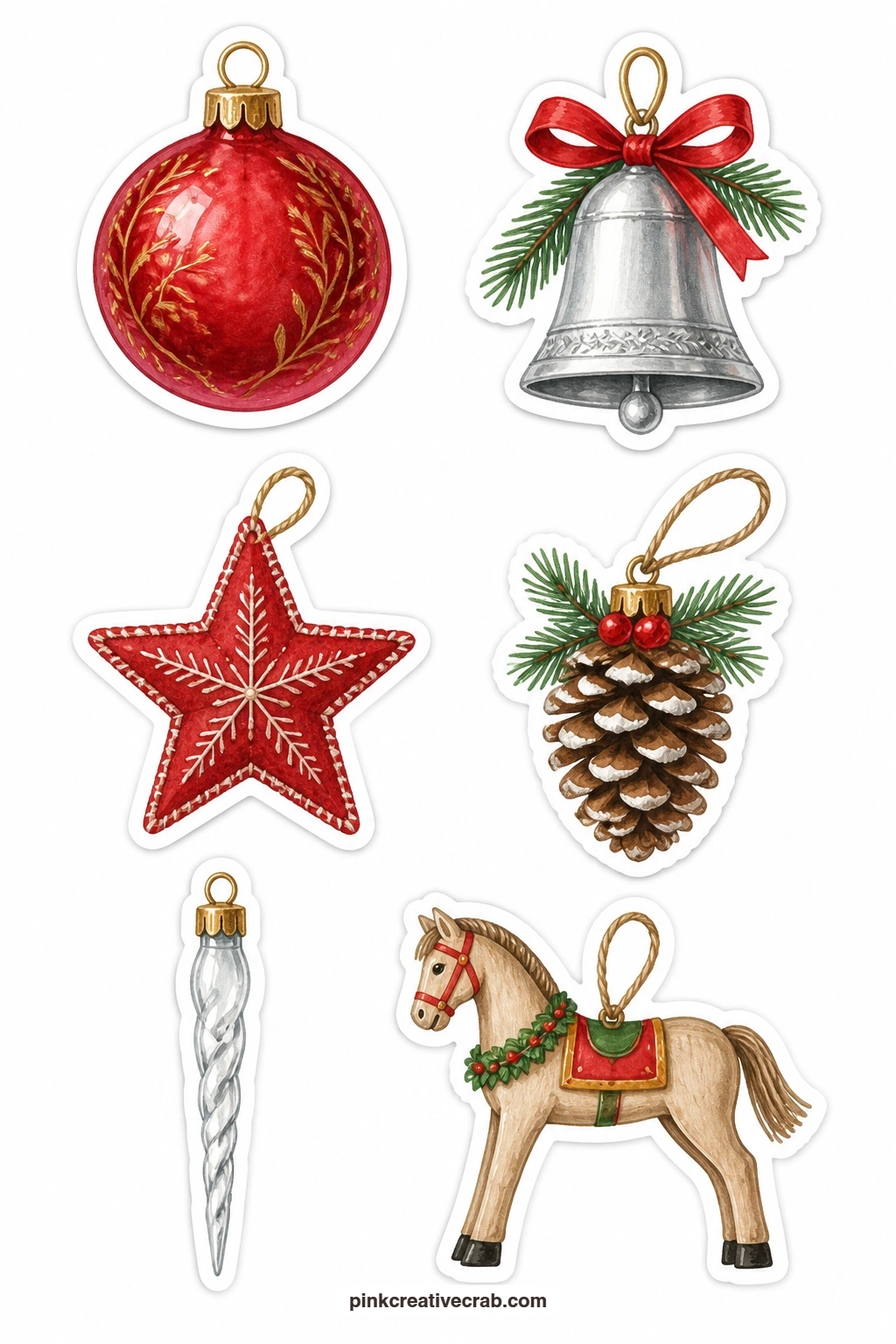 Tree Ornaments Stickers printable page — Use a craft knife rather than scissors for the glass icicle and the felt star, since their narrow points are easier to