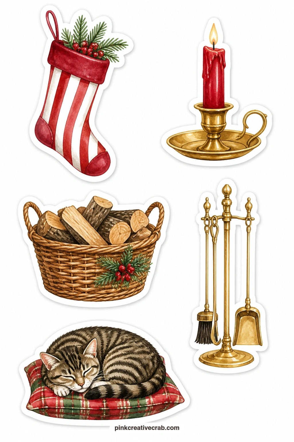 By the Fireplace Stickers printable page — A striped stocking, a candle in a holder, a log basket, a brass poker set and a sleeping tabby cat capture the quiet