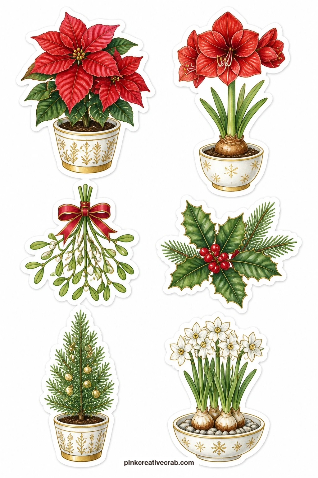 Christmas Plants Stickers printable page — A poinsettia pot, an amaryllis, a sprig of mistletoe, a holly bunch, a rosemary tree and a paperwhite bulb give a