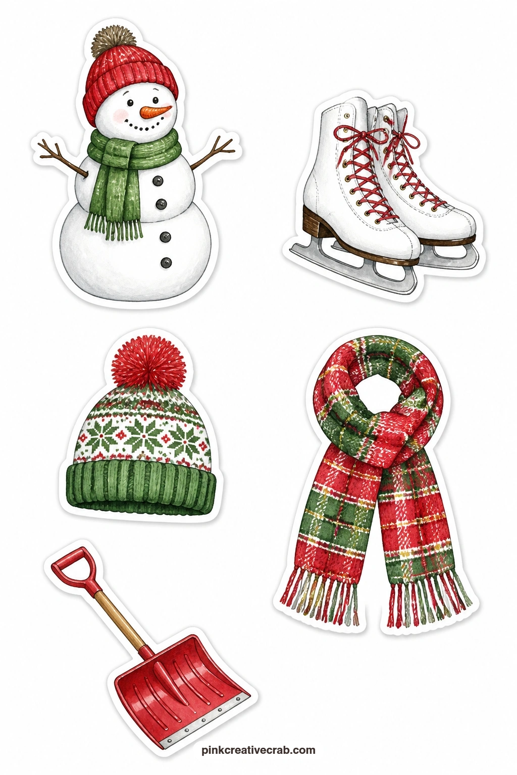 Snow Day Stickers printable page — Five minutes is all this one takes: cut out the snowman and the shovel first since they anchor the page, then add the