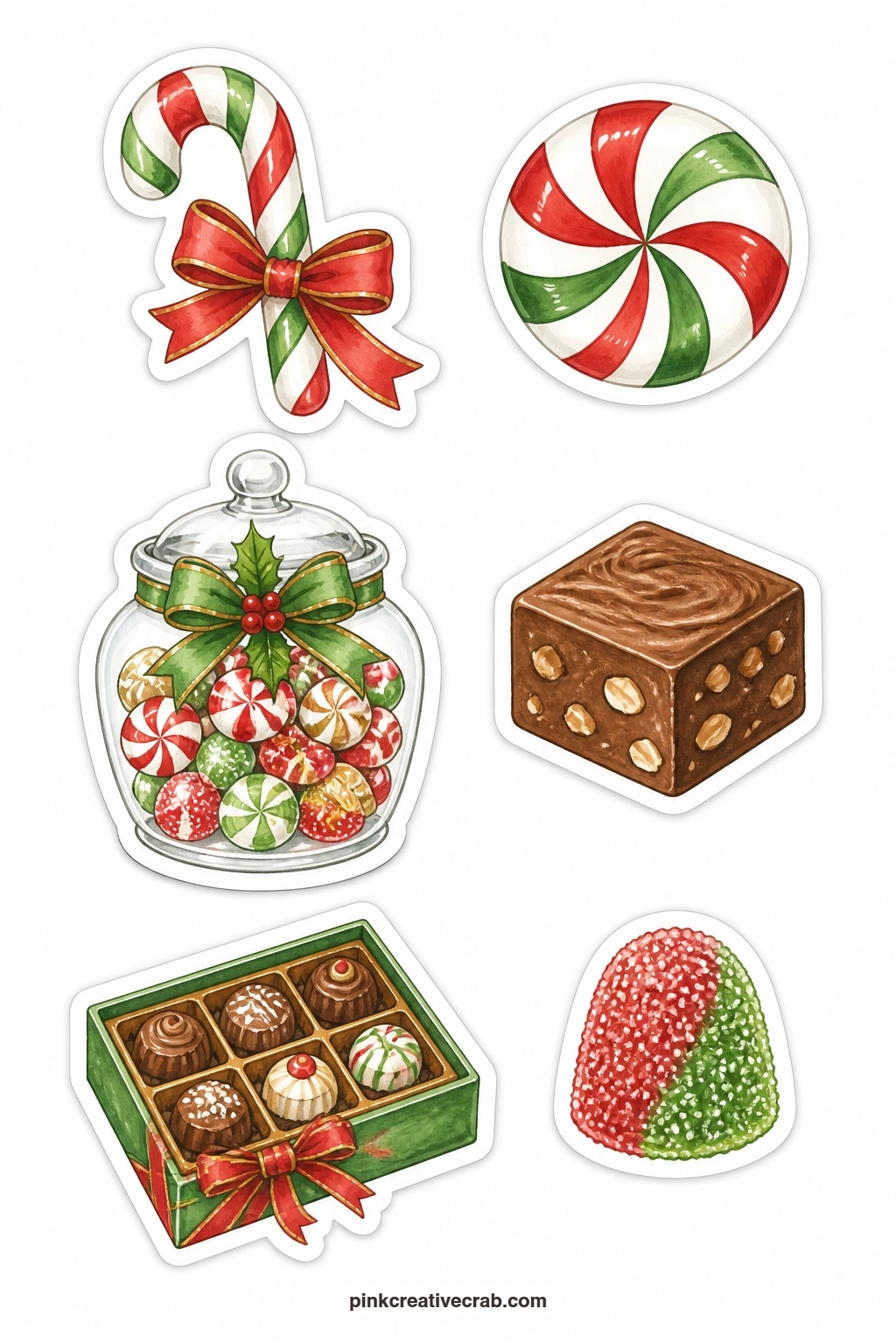 Christmas Sweets Stickers printable page — Ribbon candy, a peppermint swirl, a candy jar, a fudge square, a chocolate box and a gumdrop make a bright little
