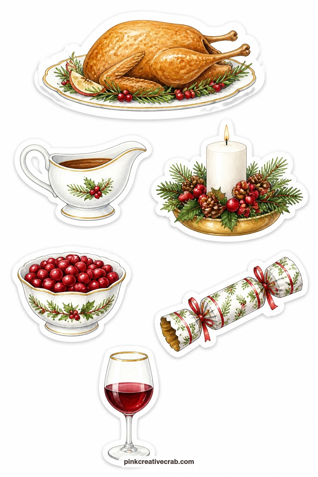 The Christmas Table Stickers printable page — A roast goose platter, a gravy boat, a candle centerpiece, a cranberry bowl, a cracker and a wine glass set the