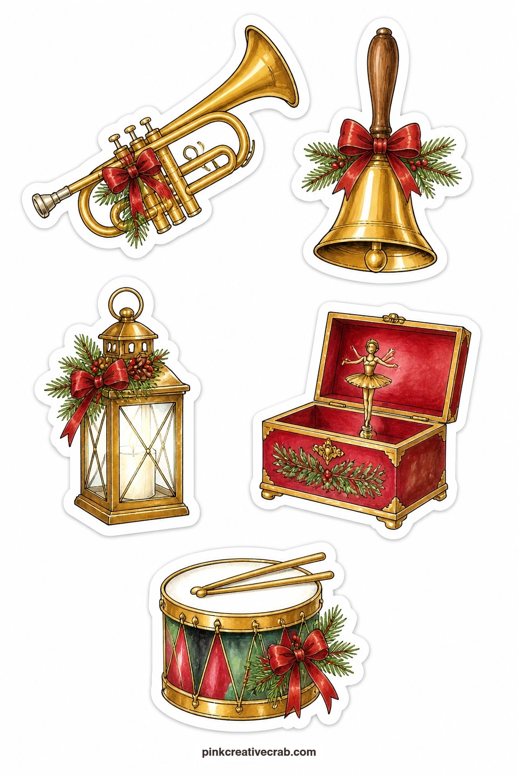 Carols and Music Stickers printable page — A brass trumpet, a handbell, a candle lantern, a music box and a toy drum bring a little sound to the page even in