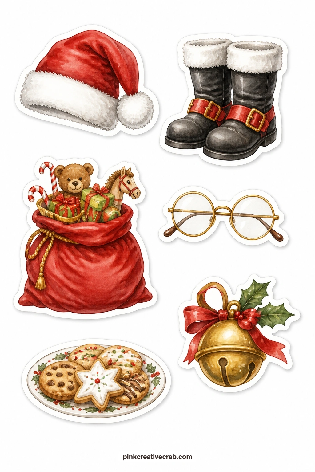 Santa's Things Stickers printable page — A red hat, a pair of black boots, a sack of toys, a pair of round spectacles, a sleigh bell and a cookie plate let a