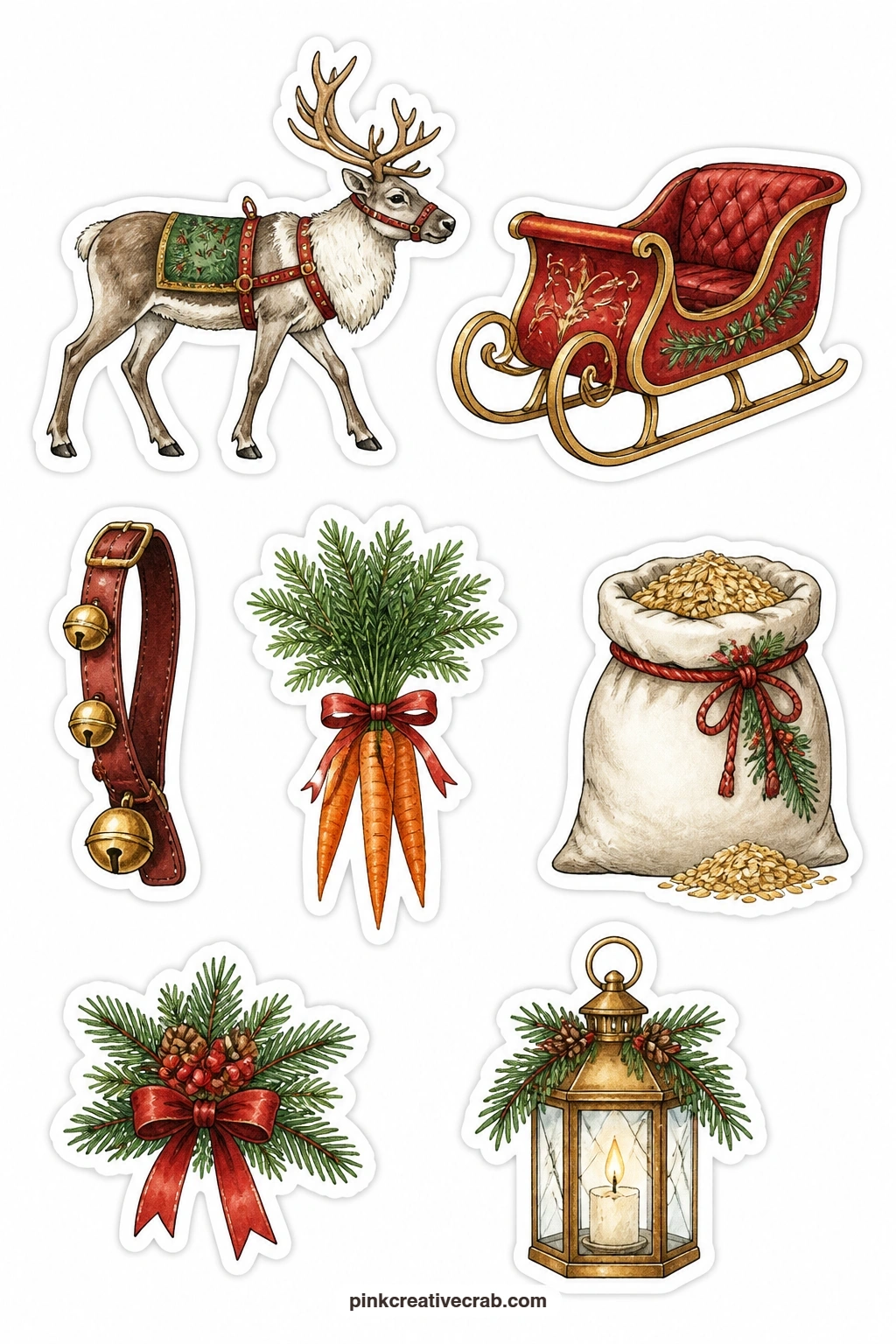 Reindeer and Sleigh Stickers printable page — A reindeer in profile, a red sleigh, a leather bell strap, a carrot bundle and a bag of oats pair naturally with