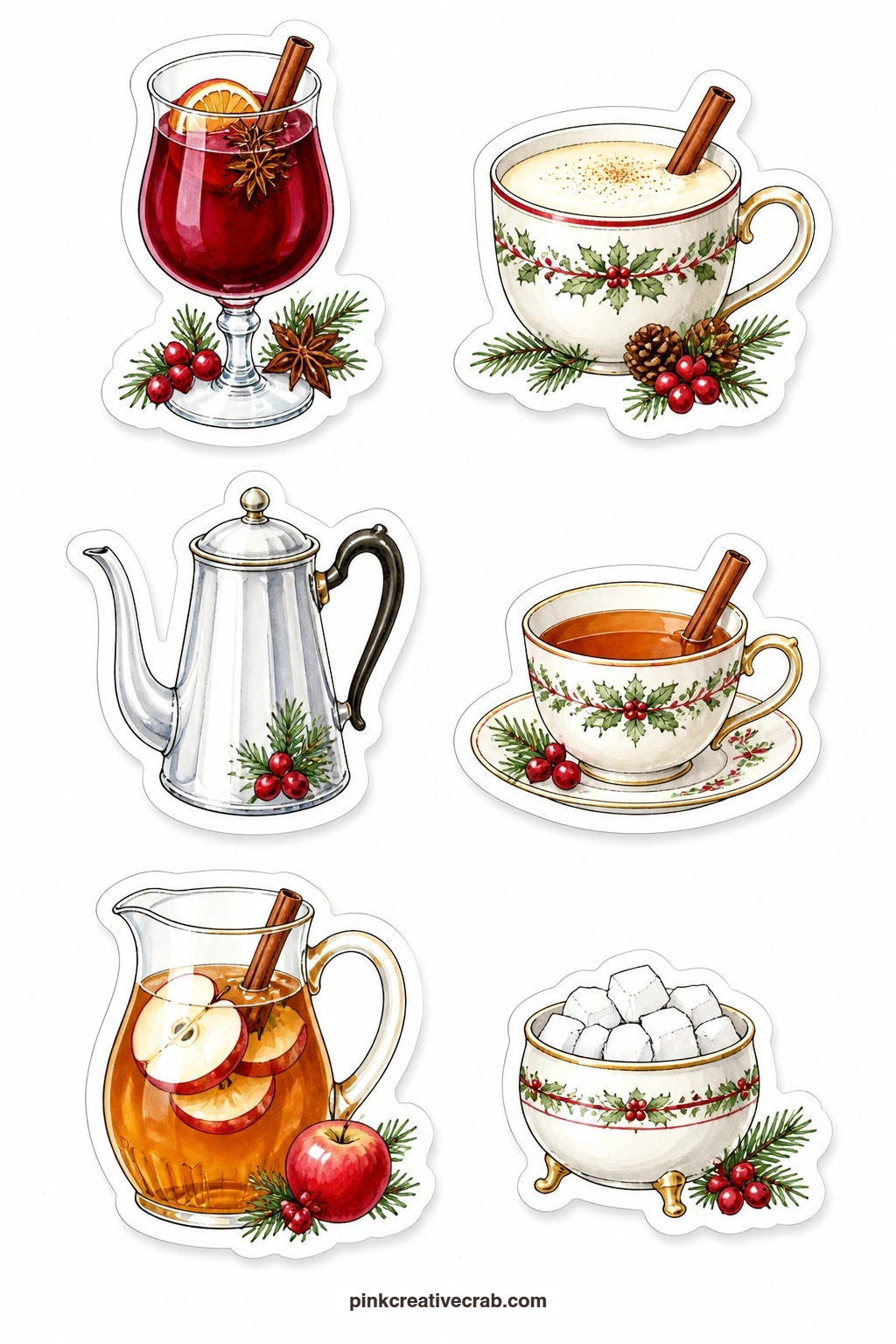 Hot Drinks Stickers printable page — A mulled wine glass, an eggnog cup, a coffee pot, a tea cup with a cinnamon stick, a cider jug and a sugar cube dish turn