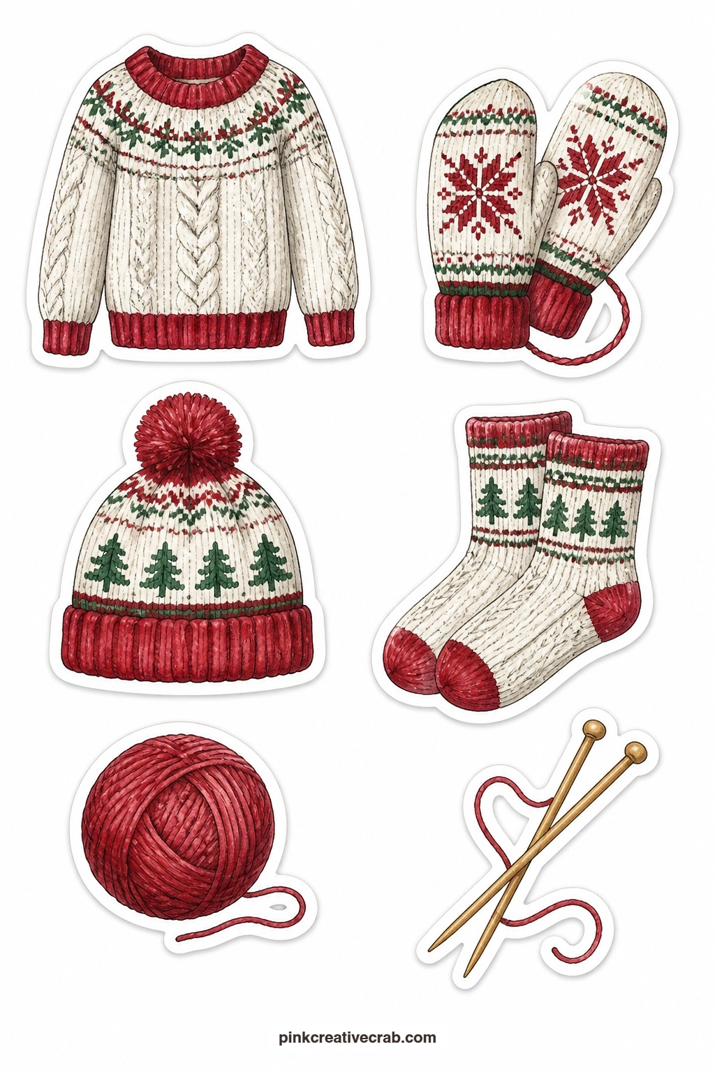 Winter Woollies Stickers printable page — Leave a thin white edge around the ball of yarn and the knitting needles especially, since their thin crossed shapes