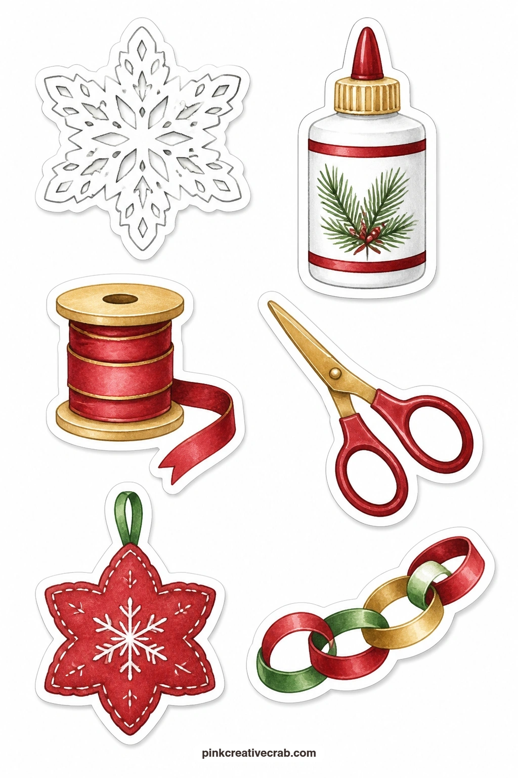 Christmas Crafts Stickers printable page — A paper snowflake, a glue pot, a spool of ribbon, a pair of scissors, a felt ornament and a paper chain make a