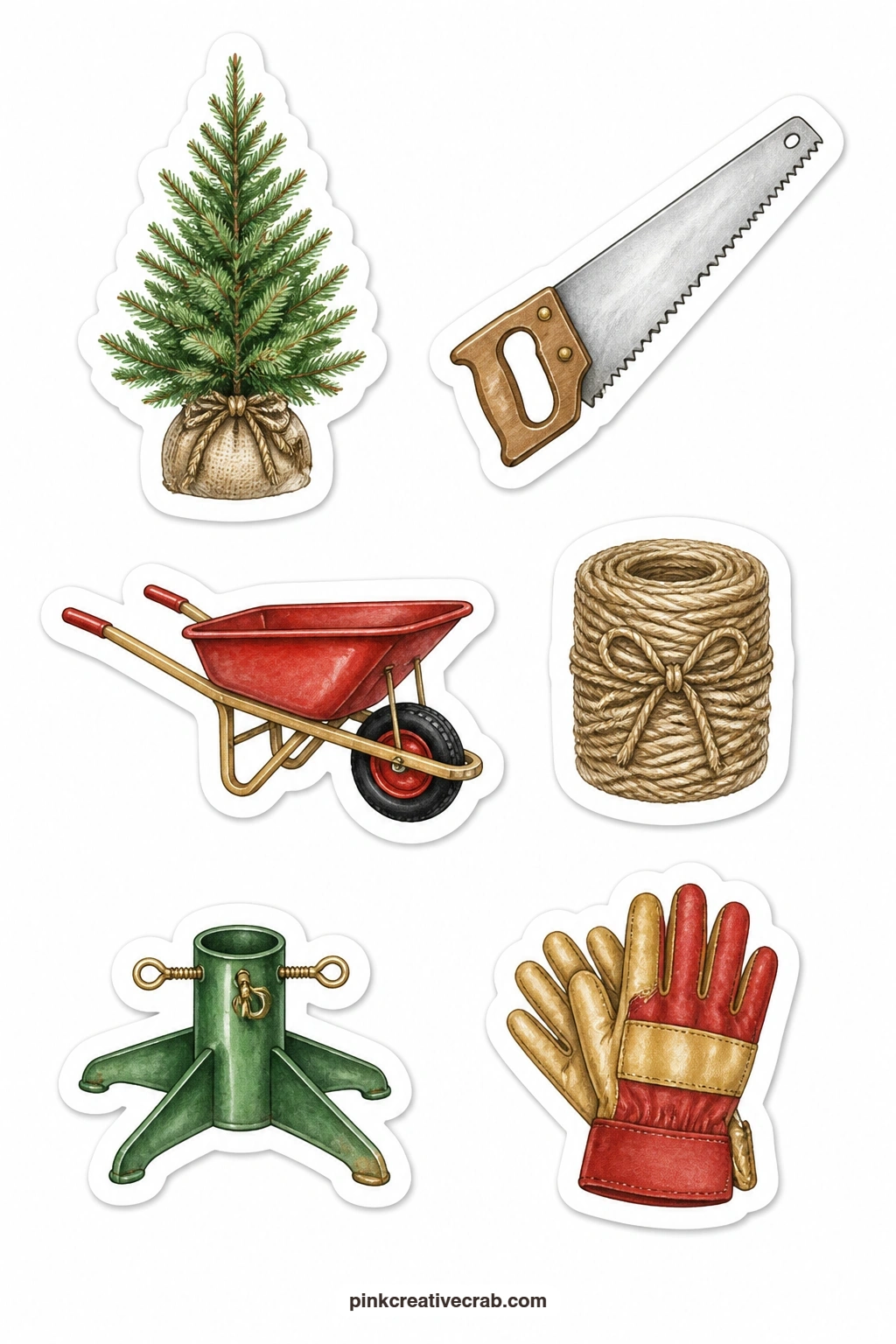 The Tree Farm Stickers printable page — A small fir tree, a hand saw, a wheelbarrow, a twine bundle, a tree stand and work gloves bring the outdoor errand of